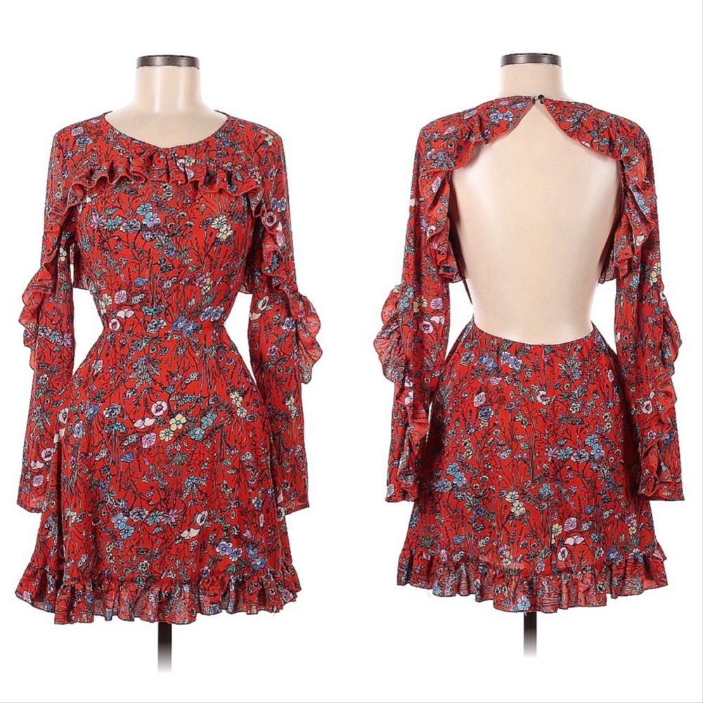 Boohoo Nights Red Floral Back-out Long-sleeve Ruffle Mini Dress 6